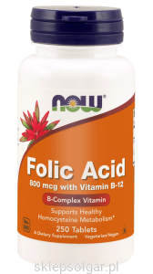 NOW Foods Kwas foliowy + B12 – 800 mcg – 250 tabl