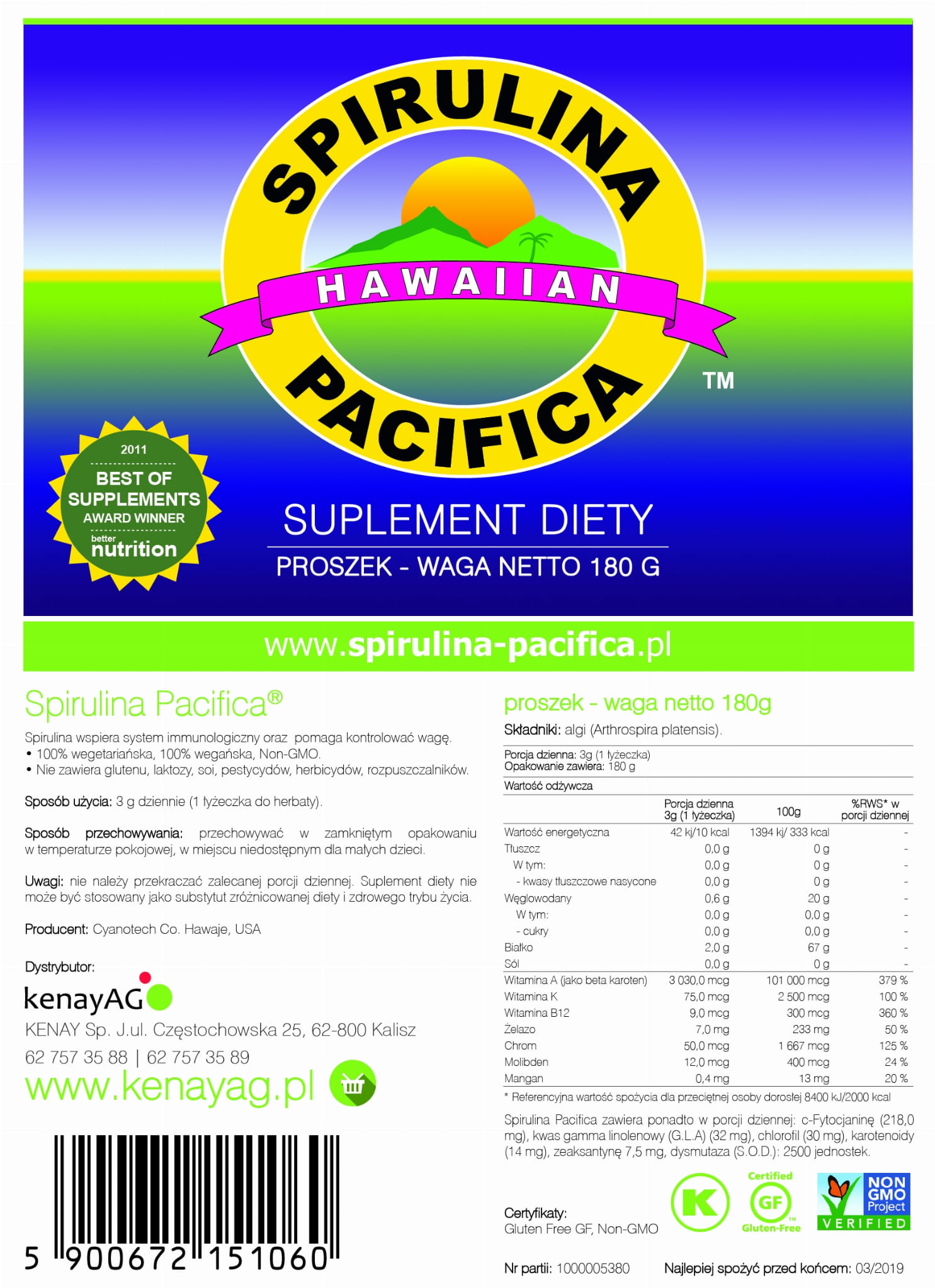 Spirulina hawajska Pacifica w proszku Cyanotech (180 g) KenayAG